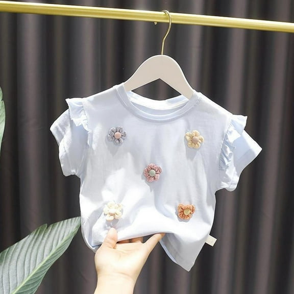 Piuwrlz T-Shirts Tops for Kids Girls Short Sweatshirt Sleeve Fashionable Printed Round Neck Blouses Cotton T Shirt Top Blue Size 3 Years