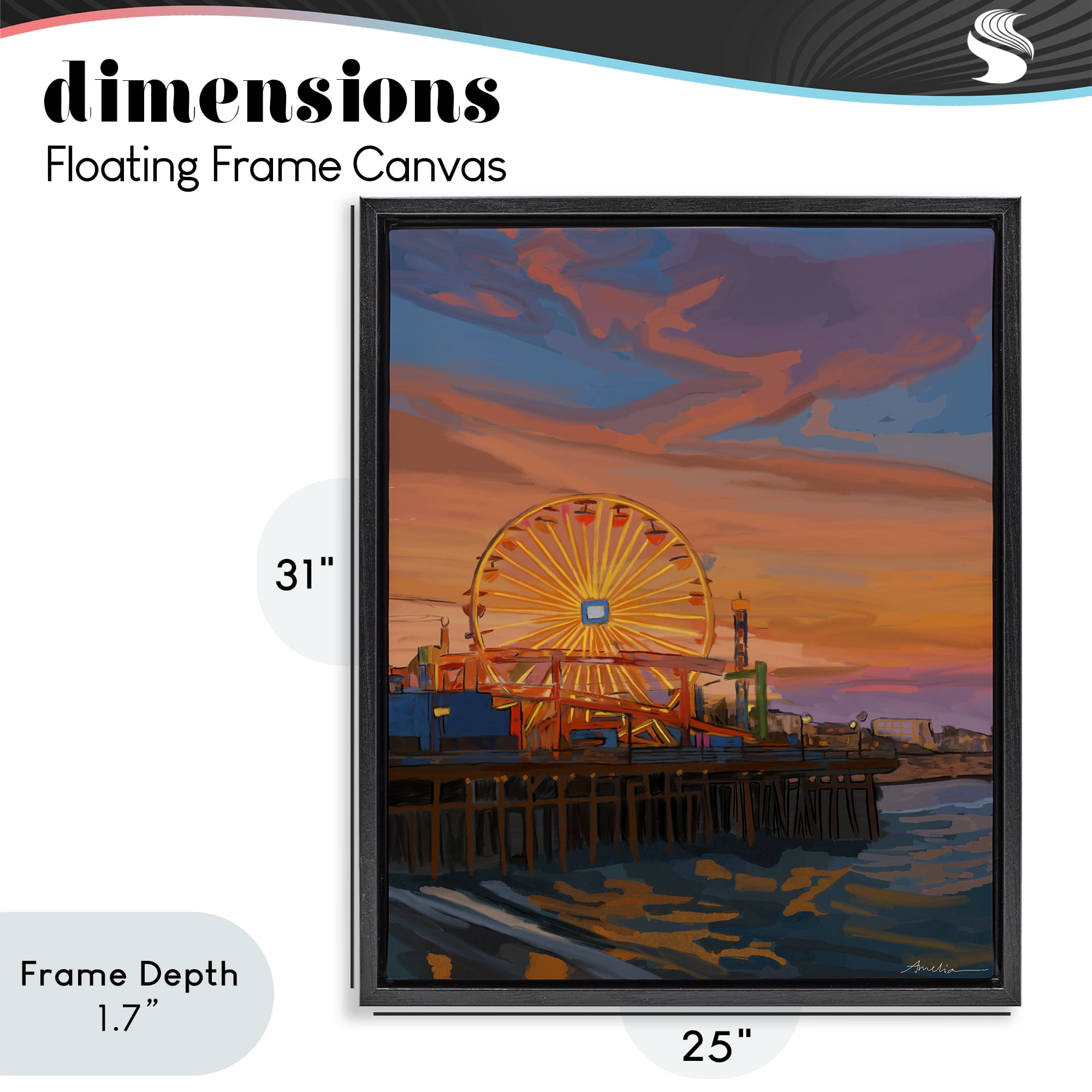 Stupell Industries Santa Monica Pier Sunset Black Framed Floater Canvas Wall Art, design by Amelia Noyes