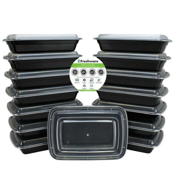 Freshware Lot de 15 Boîtes à Lunch Bento à 1 Compartiment avec Couvercles - Empilables, Réutilisables, Compatibles Micro-Ondes, Lave-Vaisselle et Congélateur - Préparation de Repas, Contrôle des Portions, Solution 21 Jours et Contenants de Rangement pour Aliments (28 Oz)