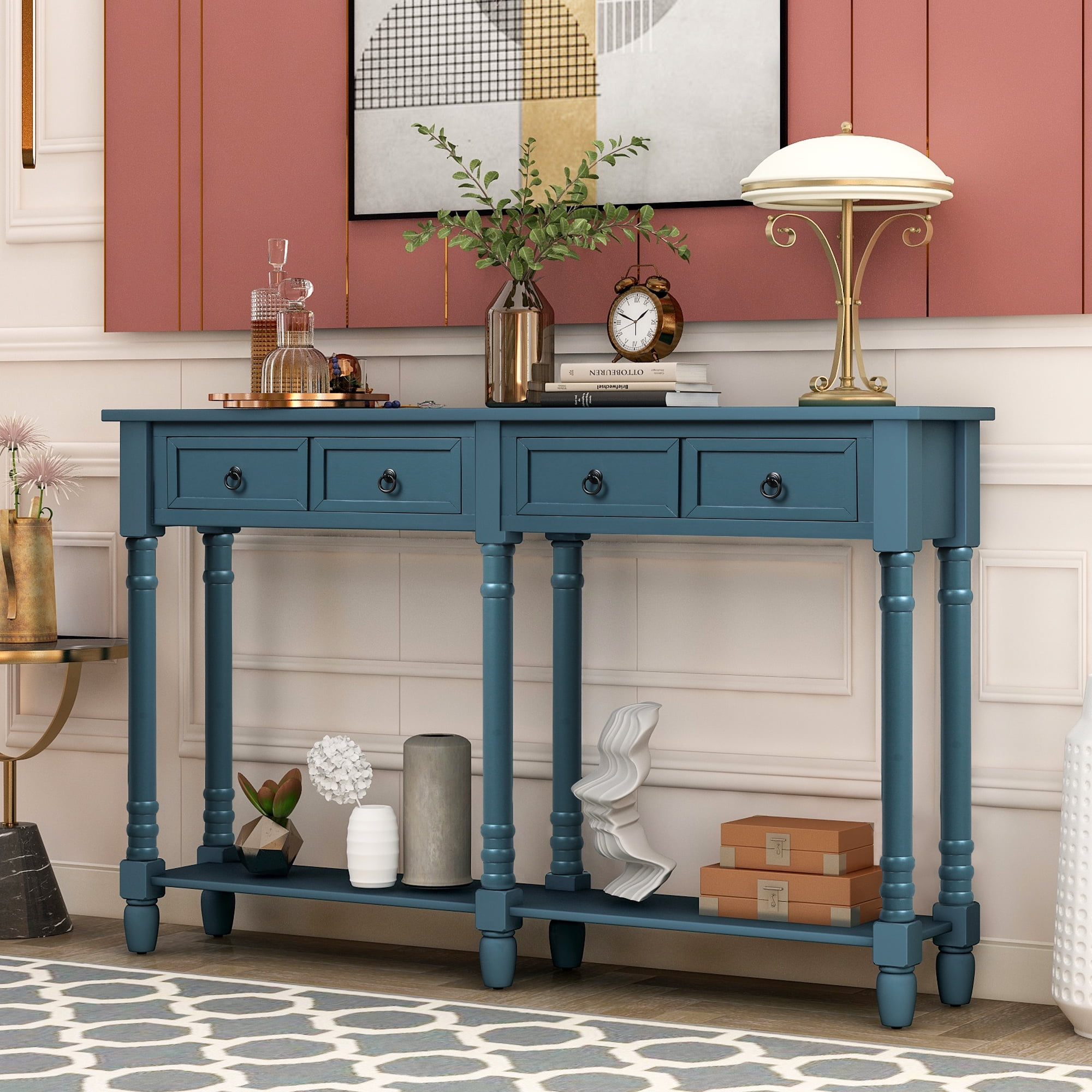 Entryway Table with Solid Wood Legs Console Table with Drawers and Long Shelf Rectangular