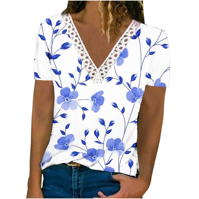 Birdeem Blouse à Manches Courtes en Dentelle Imprimée Mode pour Femmes Col en V Hauts Décontractés
