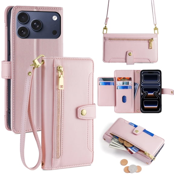 Allytechgroup for iPhone 17 Pro Wallet Case, Large Space Cards Slots Zipper Pocket Shoulder Strap Kickstand Shockproof Wallet Phone Case Full Body Cover Bumper for iPhone 17 Pro, Pink