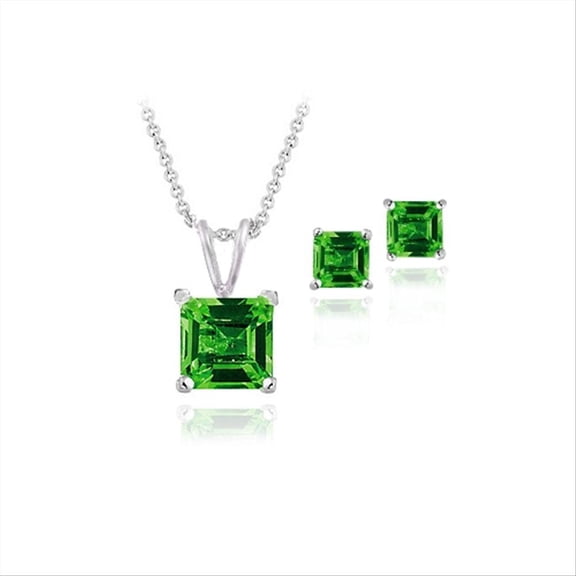 Sterling Silver 3.65ct Created Emerald Square Solitaire Pendant & Stud Earring Set