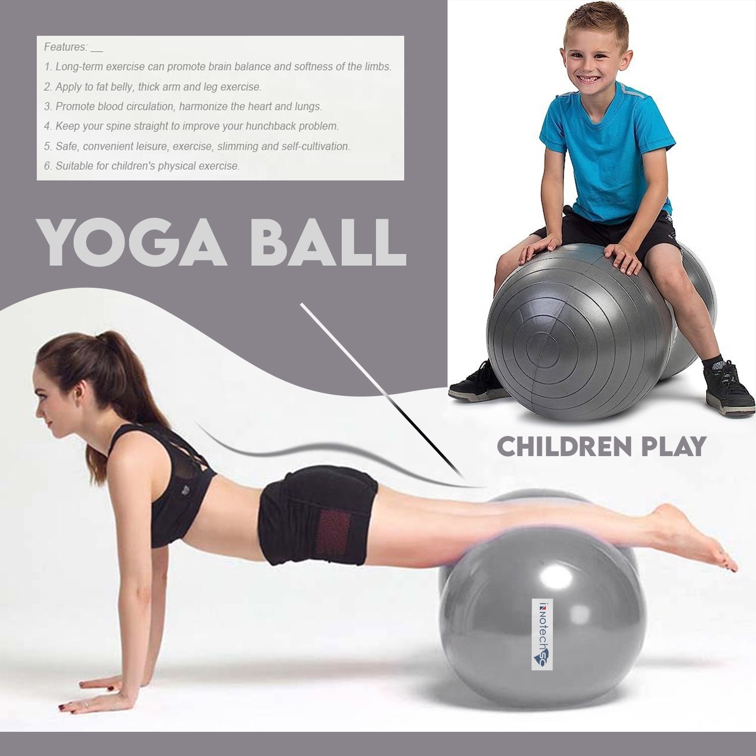 InnotechSC Peanut Ball – Anti-Burst Exercise Ball for Labor, Physical Therapy, Kids, Core Strength, Flexible Seating, Home & Gym Fitness, Sensory Chair Wiggle Seat (Includes Pump) Gray