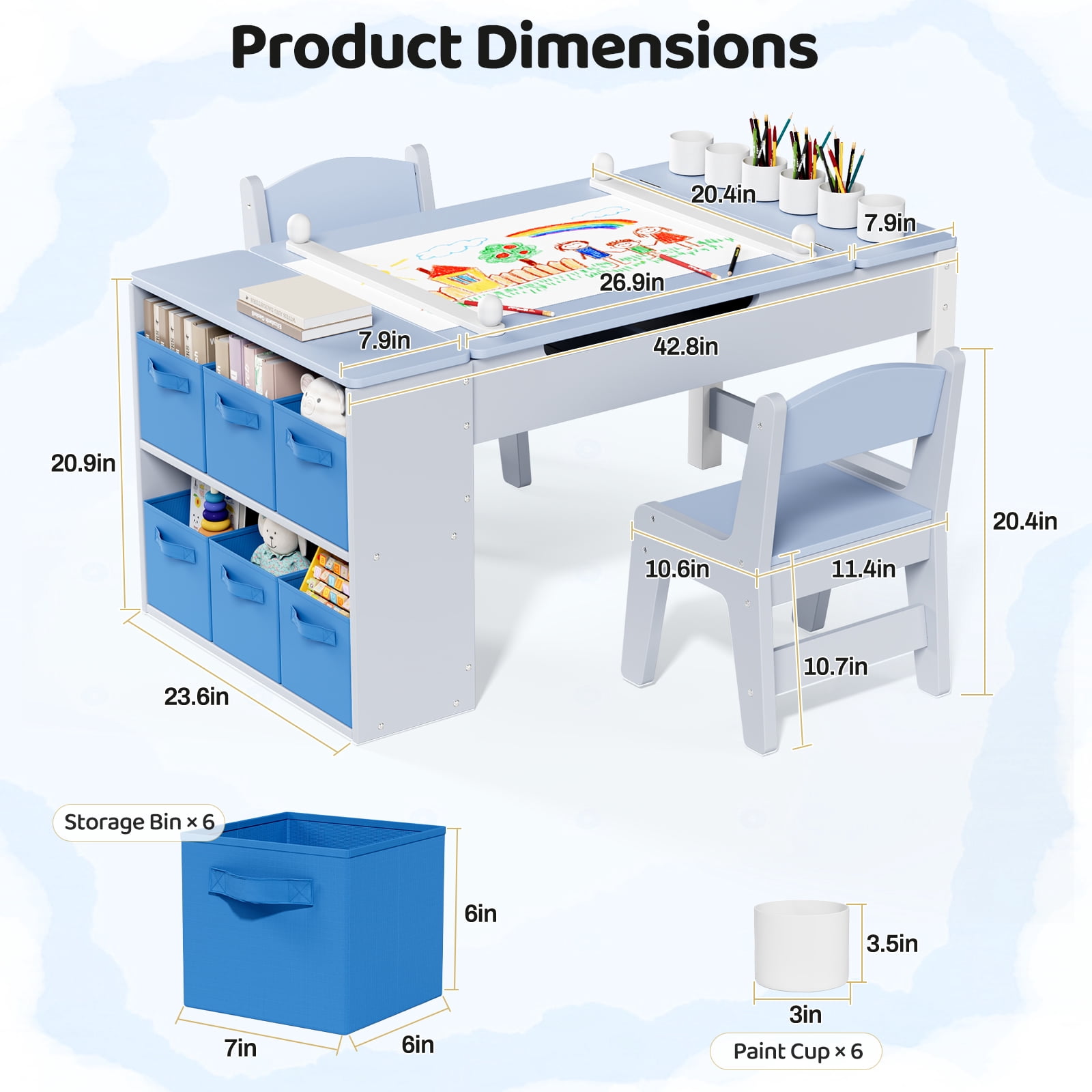 Arlopu 3 in 1 Kids Drawing Table & Chair Set Wooden Activity Craft Table with Art Easel Adjustable Tilt, 6 Storage Bins, 6 Paint Cup