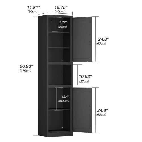 67" Tall Narrow Storage Cabinet, Bathroom Linen Tower, Reversible Doors, Adjustable Shelves, Black