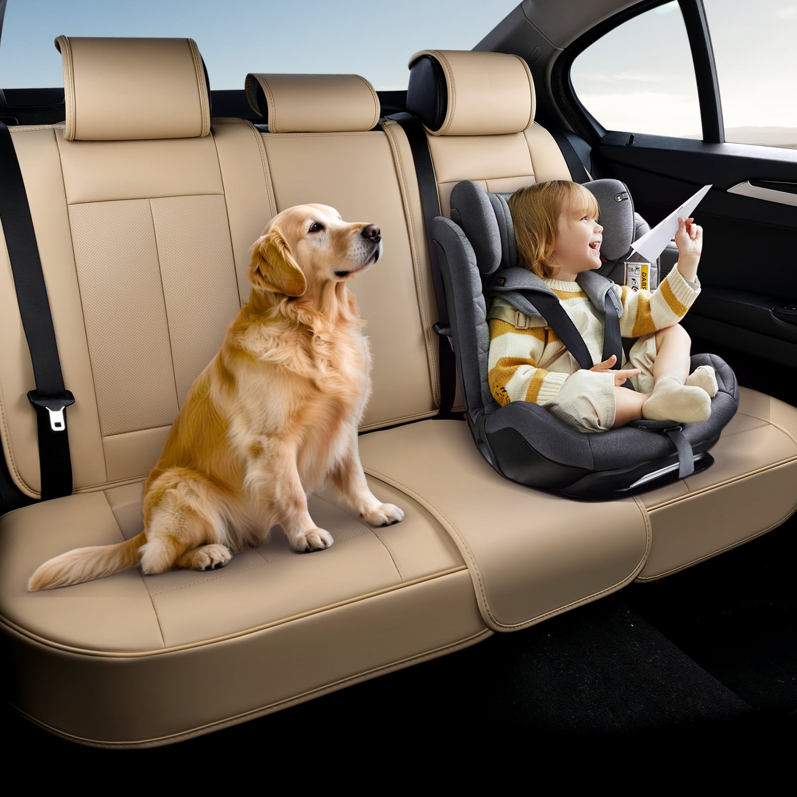Coverado Beige Back Car Seat Covers Set, Premium Leather Rear Seat Covers Car Accessories, Waterproof Velcro-Adjusted Seat Protectors Universal Fit for Most Sedans SUV Pickup Truck