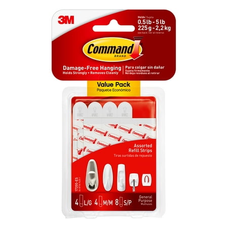 Command Refill Strips, White, 8 Small, 4 Medium & 4 Large Per Pack