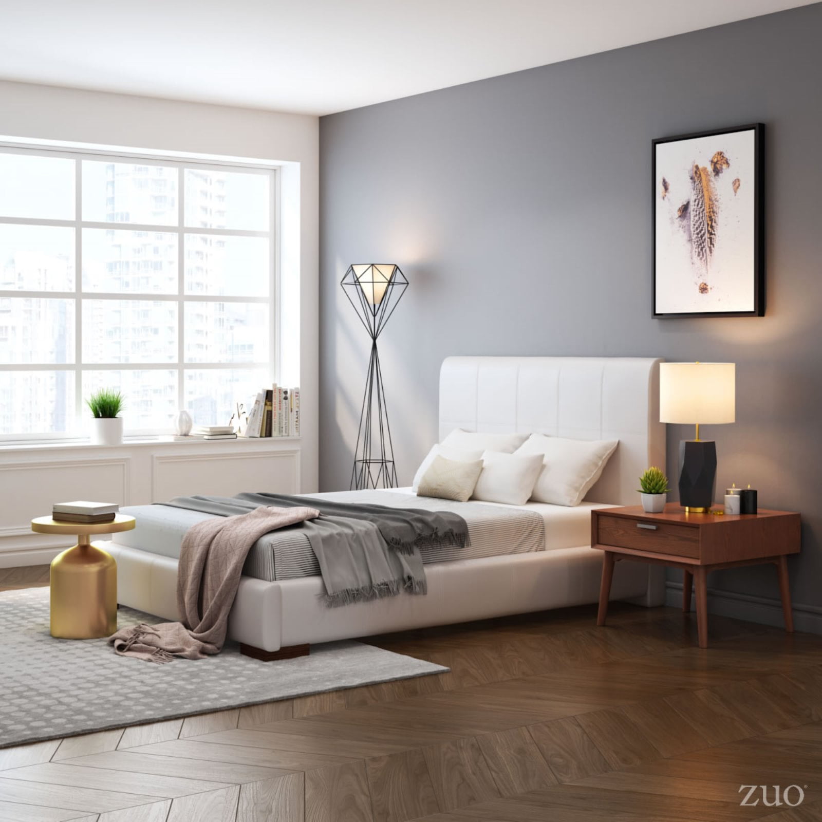 Modern Contemporary Full Size Platform Bed Frame, White, Faux Leather