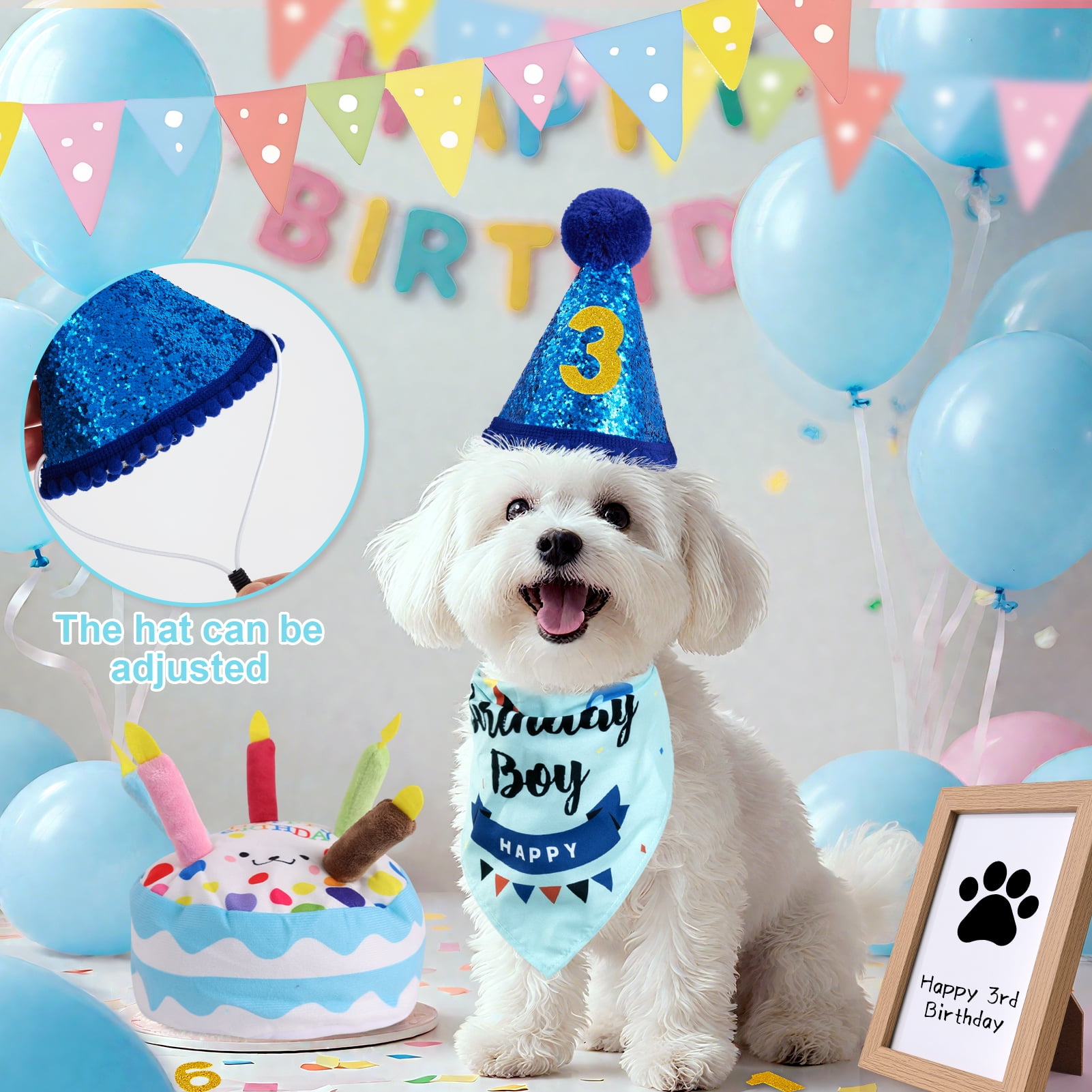 Easy Joy Dog Birthday Toy Set & Decorations for Dogs, Includes Squeaky Cake Toy, Plush Bones, Birthday Hats, Bandana, Paw Print Kit & Photo Frame. Dog Birthday Gift Supplies, Blue
