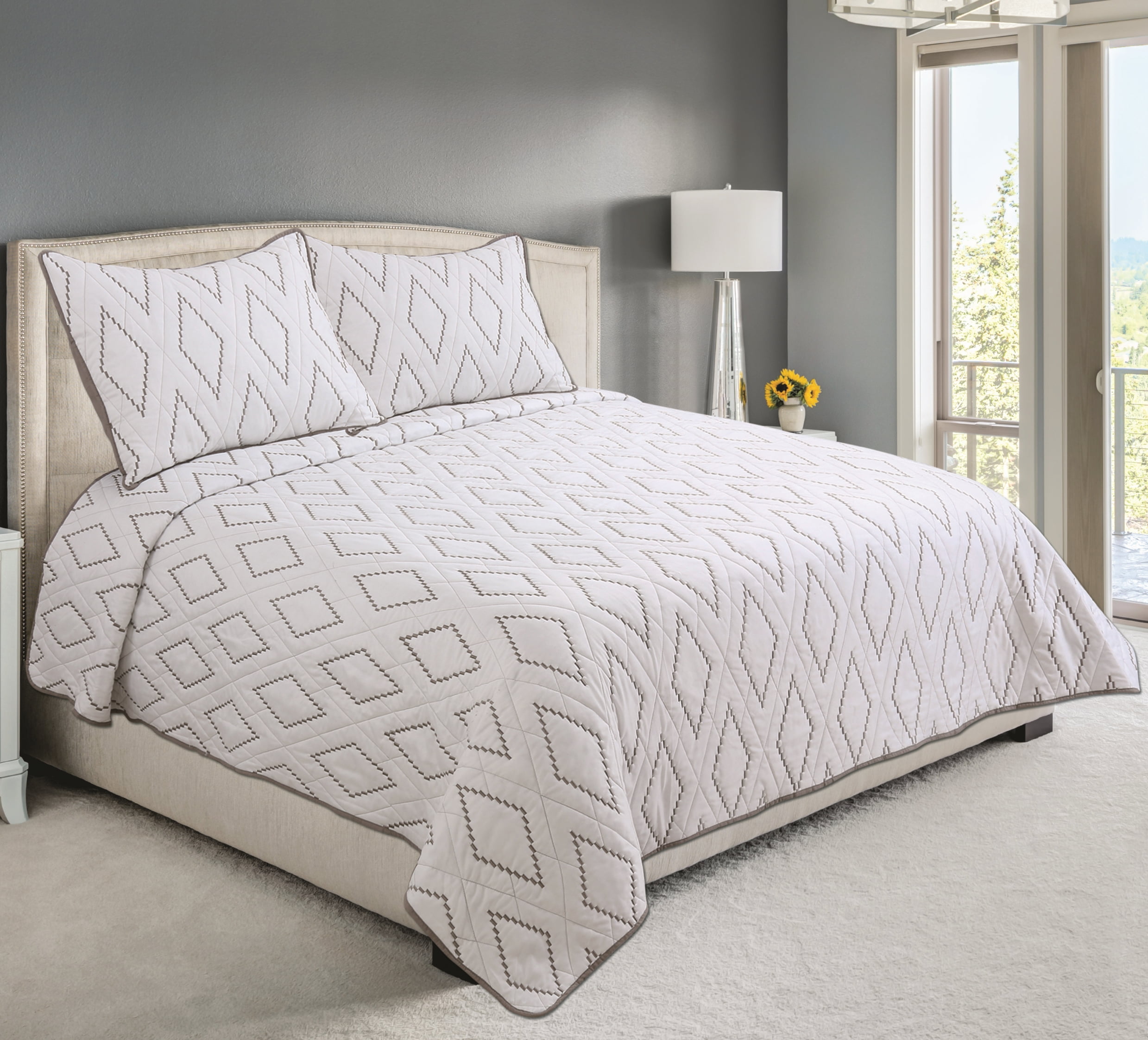 Marina Decoration Embroidered Stitching Coverlet Bedspread Ultra Soft Solid Summer Bedding Quilt Set with Quilted Sham, Modern Geometric Taupe Rhombus Pattern