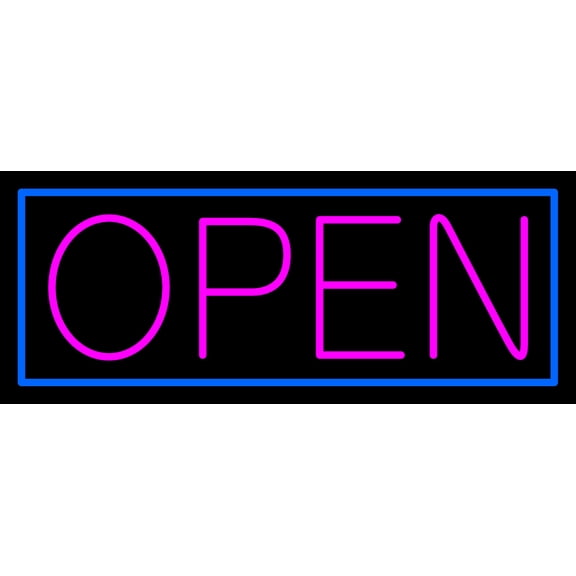 Pink Open With Blue Border LED Neon Sign 13 x 32 - inches, Clear Edge Cut Acrylic Backing, with Dimmer - Bright and Premium built indoor LED Neon Sign for storefront.