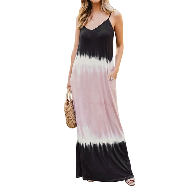 Robe Maxi à Bretelles Sans Manches à Col en V Dégradé Colorblock pour Femmes