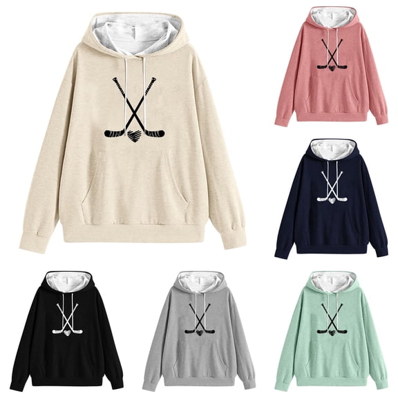 Norvella Womens Hockey Stick Print Hoodies Long Sleeve Hooded Sweatshirt Relaxed Fit Kangaroo Pocket Ribbed Pullover Top