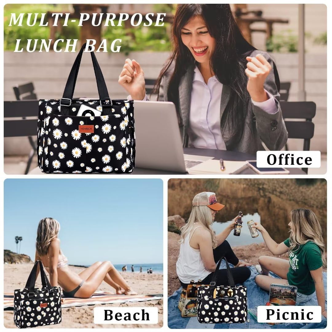 Holuxer Large Lunch Box for Women Lunch Bags, Insulated Tote Handbag, Leakproof Coolers Bag with Front Pocket, Fashion Shoulder Purse for Working Hiking Picnic 12L, White Daisies