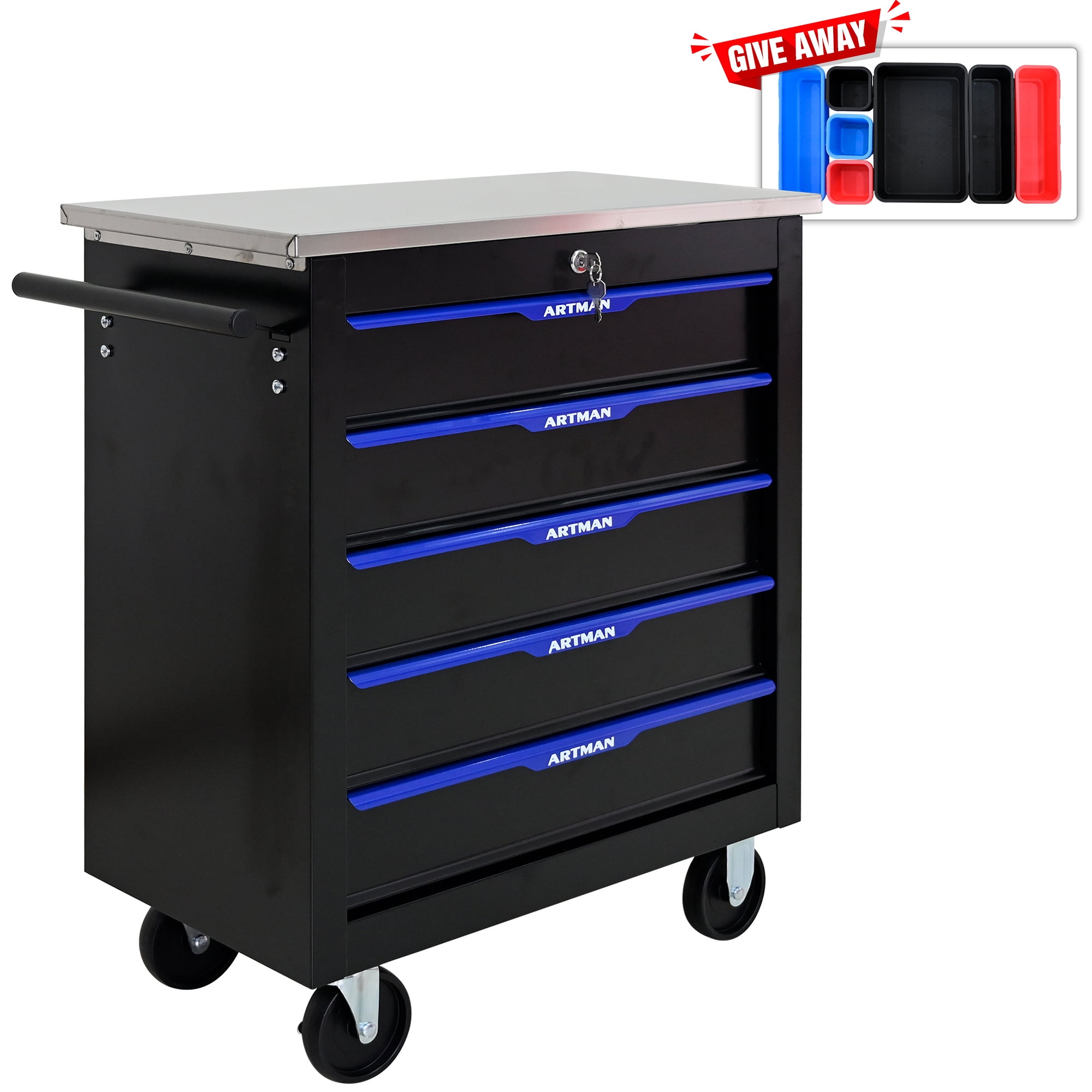Aukfa Composable 25.9 in Tool Chest with 5 Drawers&7 Plastic Storage Box for Workshop Garage, Black