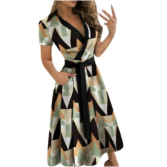 Bigersell Work Dresses for Women Fashion Women's V-neck Casual Printed Belt Long-style Short Sleeve Loose Dress Halter Dresses for Female Women's Plus Maxi Dresses, Style 8293, Green XXL