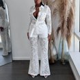 thumbnail image 2 of Women's 2 Piece Outfits 2024 Floral Lace Long Sleeve V Neck Button Down Shirts Wide Leg Flare Pant Suits Set Elegant Matching Sets Office Work Clothes, 2 of 6