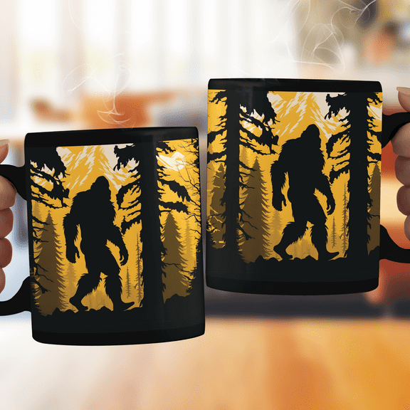 Lotusprinthandmade Bigfoot in Forest Black Ceramic Mug (11oz) (Made In US), Bigfoot Lovers Mug, bigfoot coffee cup