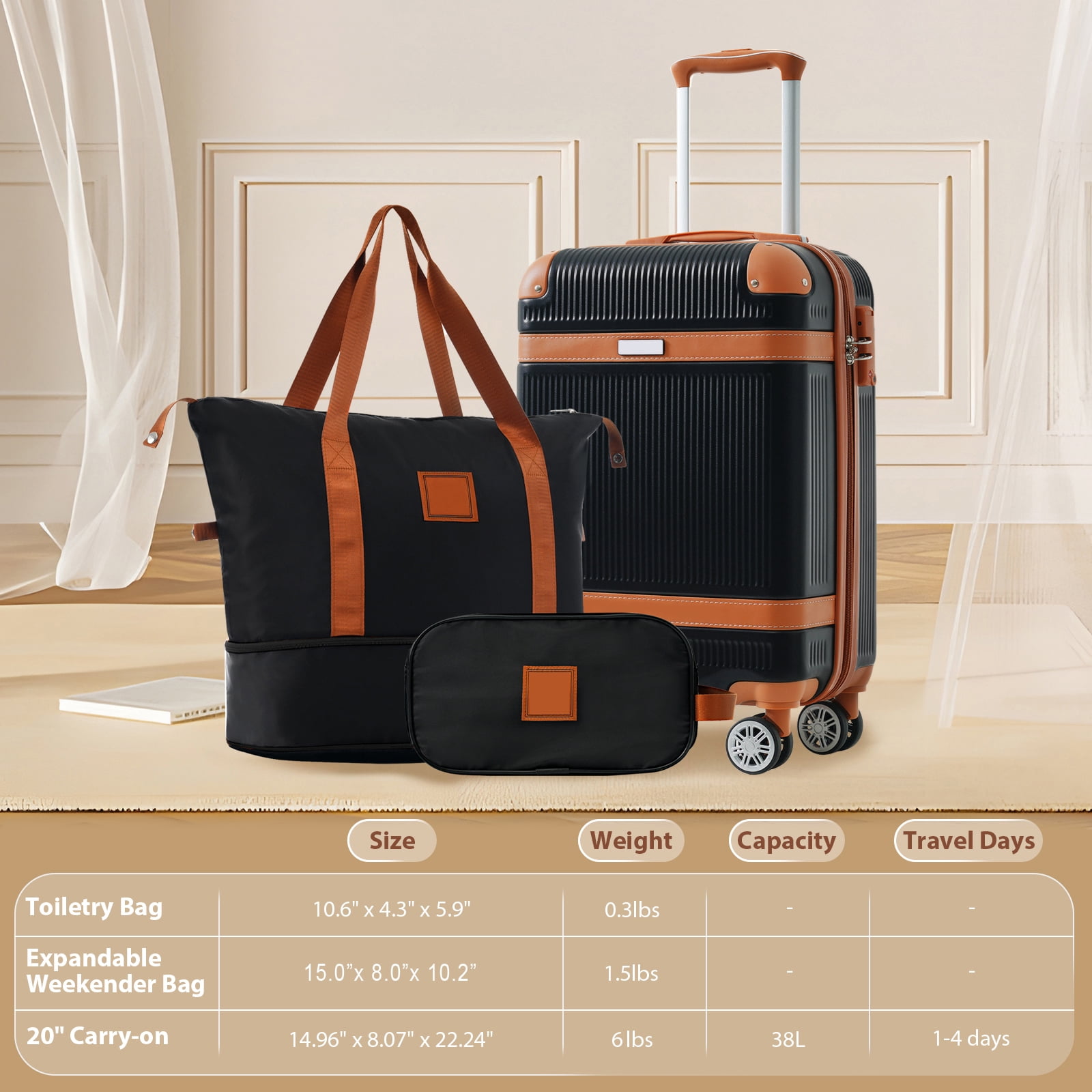 3-Piece Hardshell Luggage Set, 20 Inch ABS Carry-On Suitcase with 360° Silent Spinner Wheels & TSA Lock, Expandable Duffel & Toiletry Bag for Travel Business