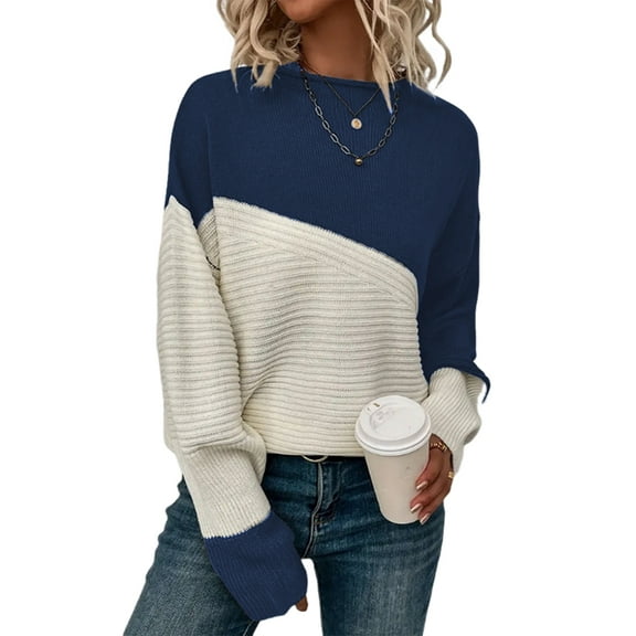 Women'S Casual Color Block Sweater Crewneck Long Sleeve Ribbed Knit Pullover Top Navy Blue M