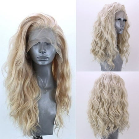 24'' Women Lady Natural Wavy Lace Front Wig Golden Blonde Curly Synthetic (Best Synthetic Lace Front Wigs)