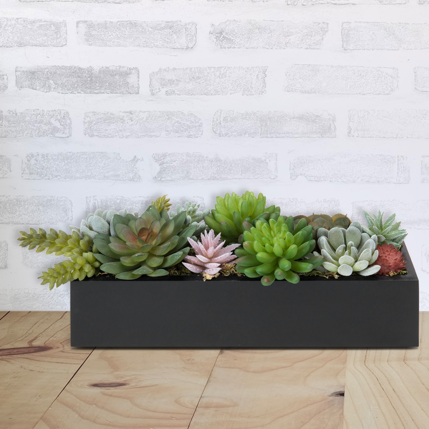 MyGift 12 Inch Modern Artificial Succulent Plants Arrangement Centerpiece in Black Rectangular Wood Planter Box - image 3 of 5