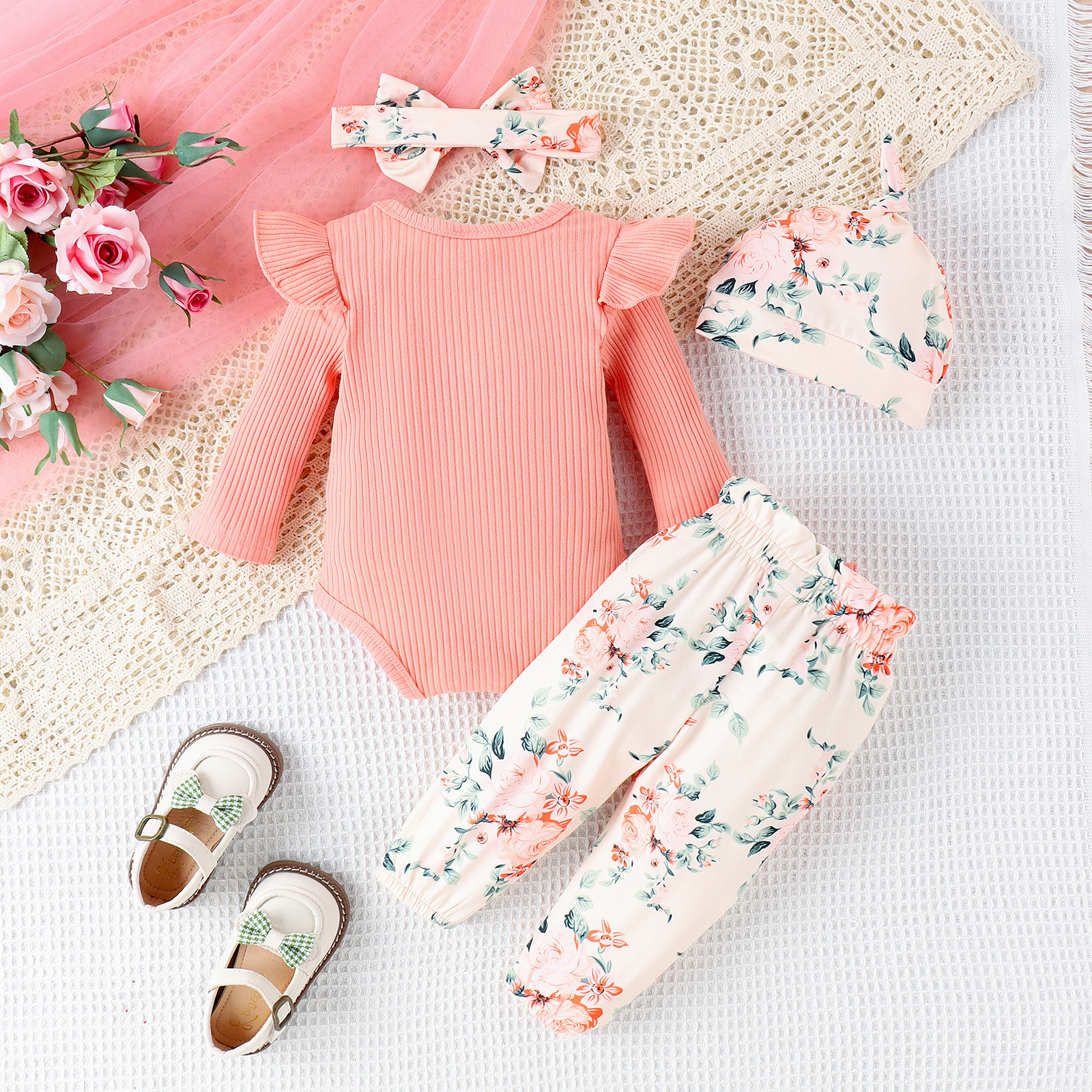 WIBACKER Newborn Girl 4-Piece Outfit Set with Romper and Pants photo 3