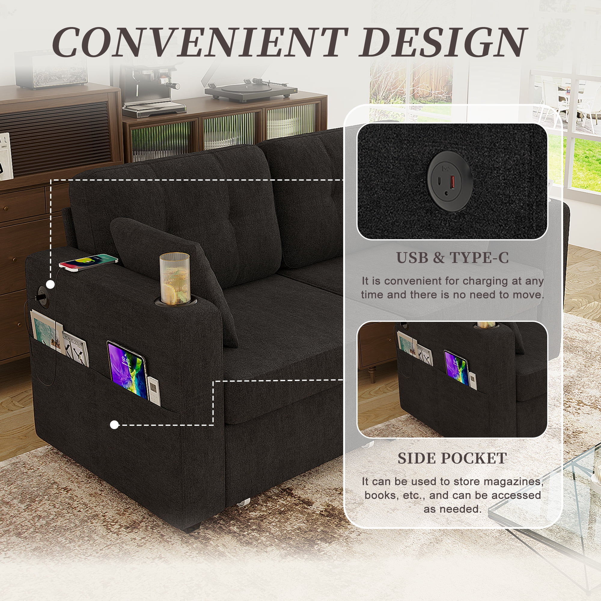 68" Chenille Two Seater Couch, Living Room Loveseat with Usb Charging, Upholstered Loveseat with Storage for Living Room, Black