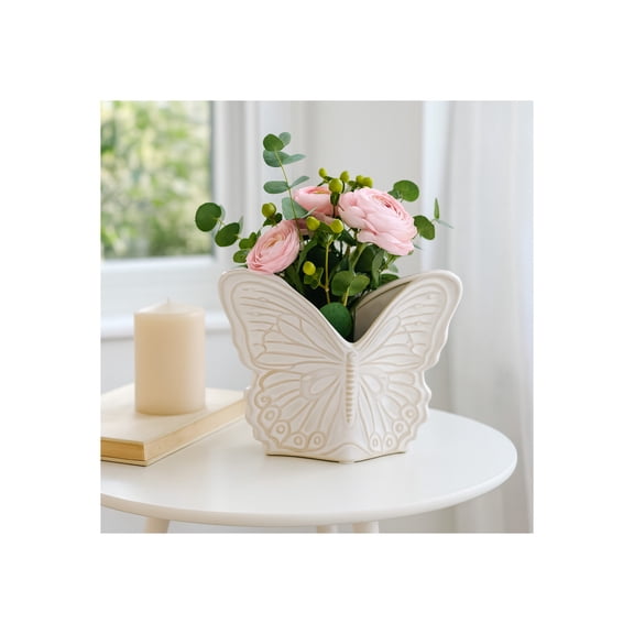 Decorative Ceramic Flower Pots for Home Decor - Indoor and Outdoor Planters with Butterfly Design for Succulents and Garden Plants - Cute Plant Pots for Garden, Patio or Room Decor - 6" Ivory & Tan