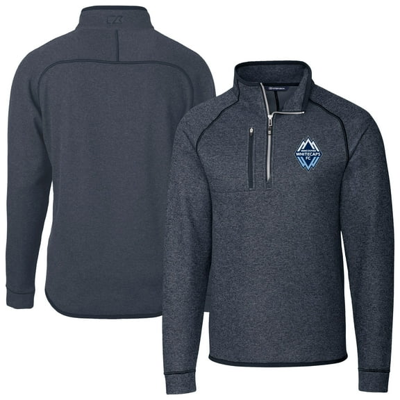 Men's-Cutter & Buck  Heather Navy Vancouver Whitecaps FC Mainsail Sweater-Knit Half-Zip Raglan Pullover Jacket