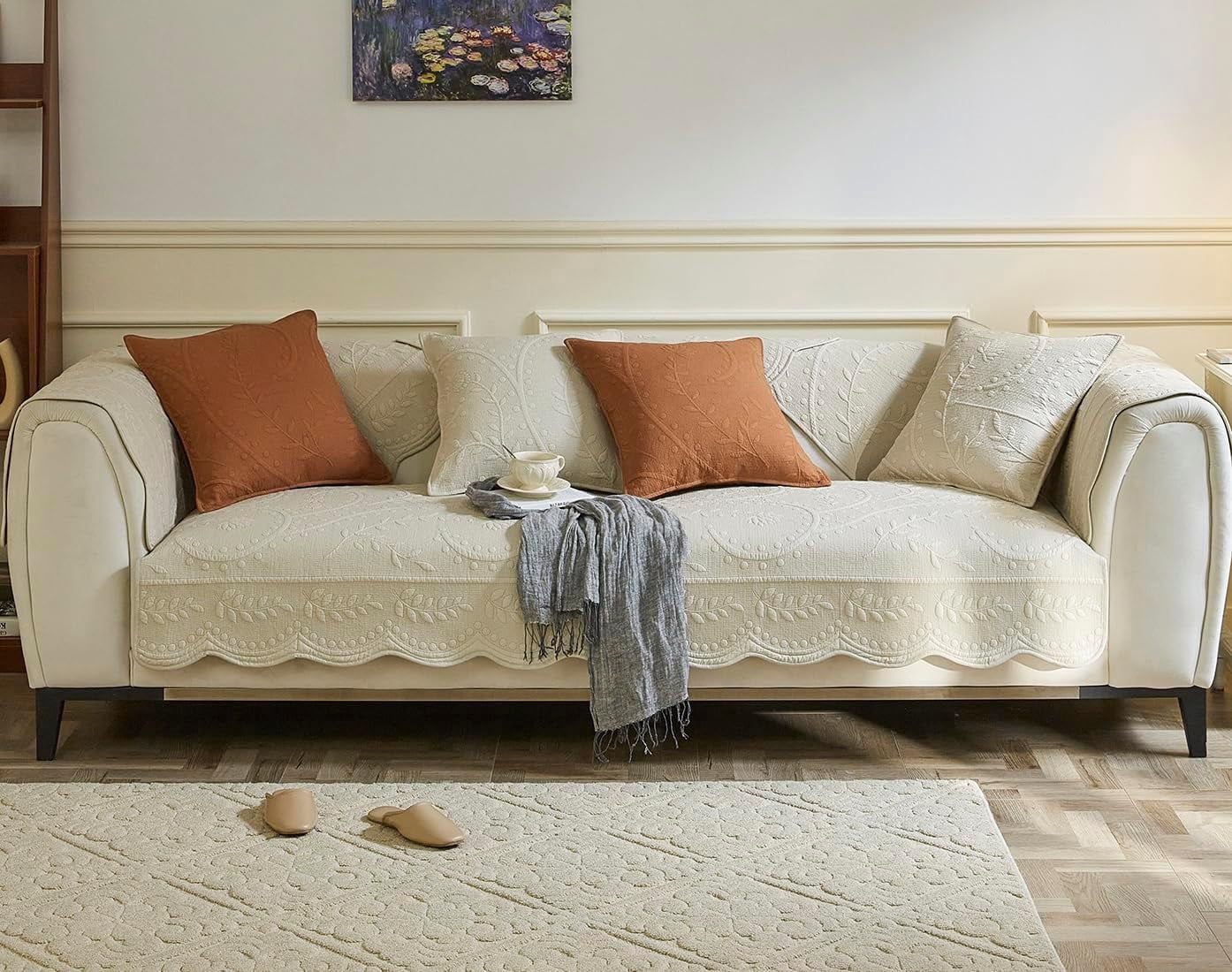 XmhyTop-A Cotton Couch Cover 90*90cm Beige Quilted Sofa Cover, Non Slip Sofa Slipcover with Floral Embroidery, 1 Piece Sofa Slipcovers