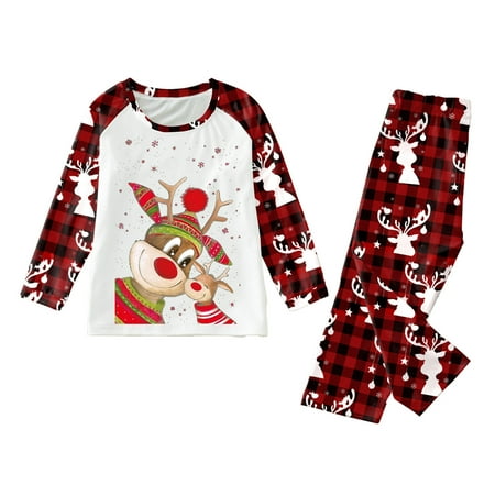 

LEEy-world Christmas Pajamas Family Matching Sets Xmas Elk Reindeer Printed Pjs Plaid Long Sleeve Tops and Pant Holiday Sleepwear