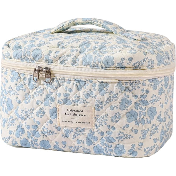 Large Travel Quilted Makeup Bag for Women, Floral Cotton Cosmetic Bag, Coquette Aesthetic Floral Toiletry Organizer Bag