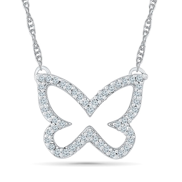 DGOLD Collier Papillon en Or Blanc 10 Kt avec Diamant Blanc Rond pour Femmes (1/2 cttw)