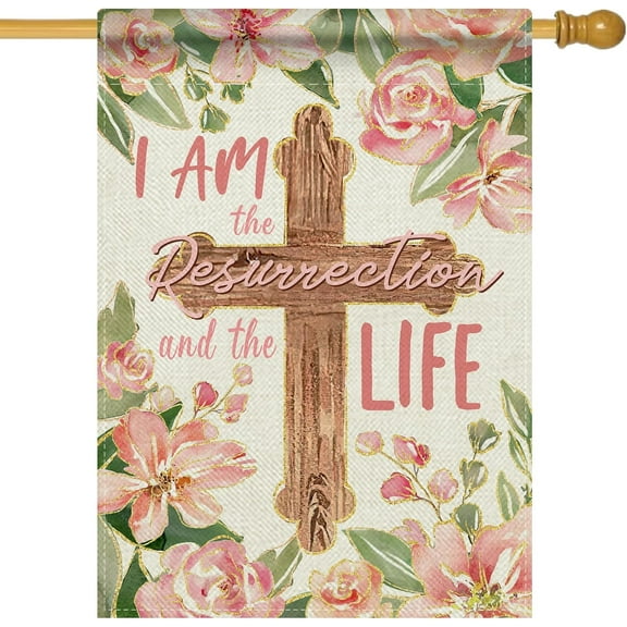 I Am The Resurrection and The Life Christian Decorative House Flag, Religious Cross Spring Summer Garden Yard Outside Decorations, Pink Flower Outdoor Large Home Decor Double Sided 28 x 40