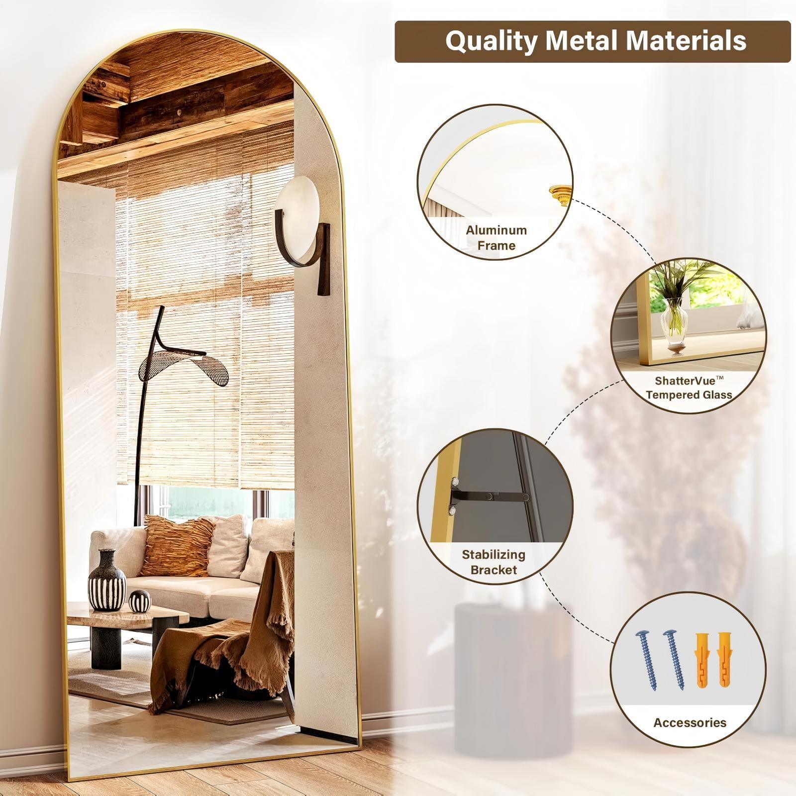 Lumora 68"x 22" Arch Full Body Mirror Full Length Mirror with Stand Modern ,Gold