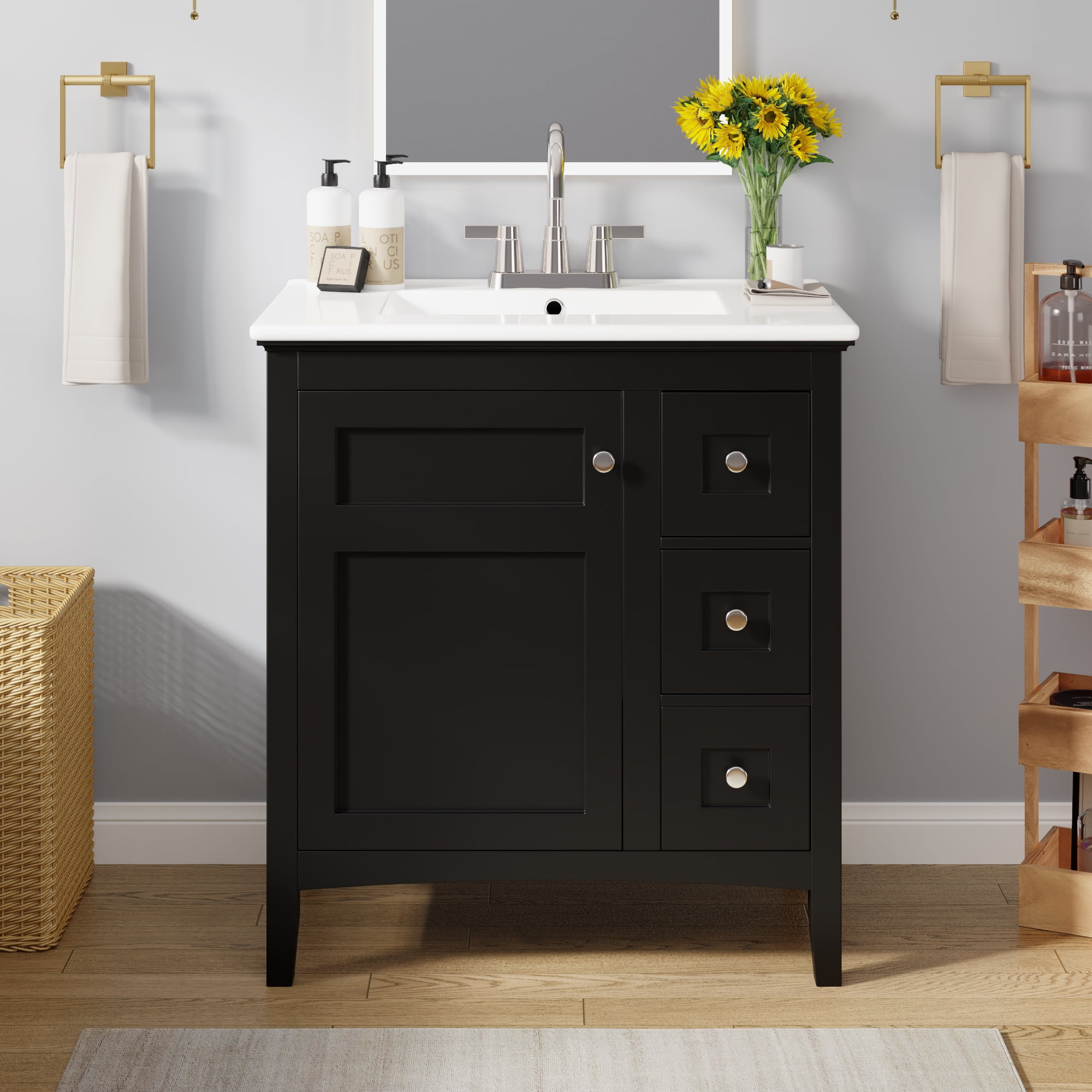 Euroco 30 Inch Bathroom Vanity with Ceramic Sink, Black Bathroom with 3 Drawers, Solid Wood Frame Modern Bathroom Storage Cabinet , Ideal for Home