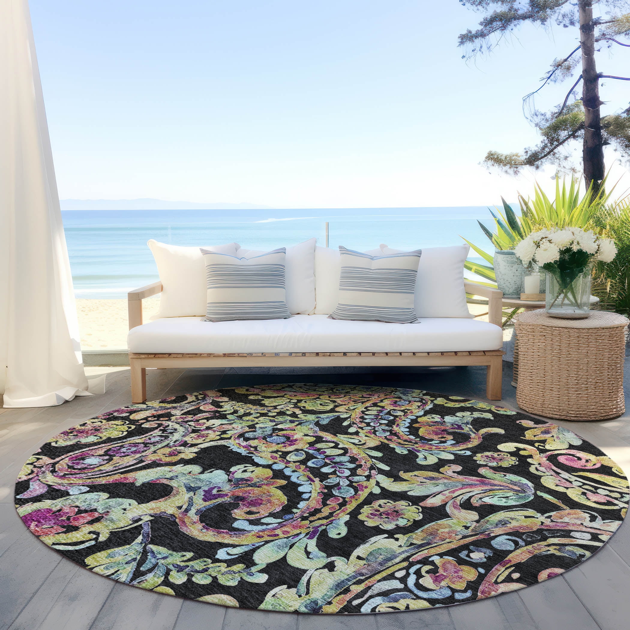 Addison Rugs Chantille Indoor/Outdoor Transitional Paisley Black Washable Round Rug, 8' x 8'