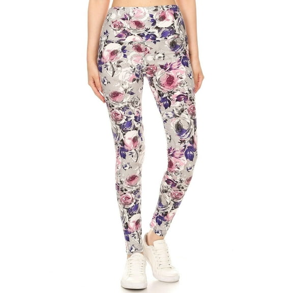5-inch Long Yoga Style Banded Lined Floral Printed Knit Legging With High Waist