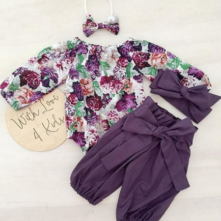 

Qtinghua Newborn Infant Baby Girl Clothes Long Sleeve Floral Romper Bodysuit Jumpsuit Halen Pants Headband 3Pcs Outfits Purple 0-3 Months
