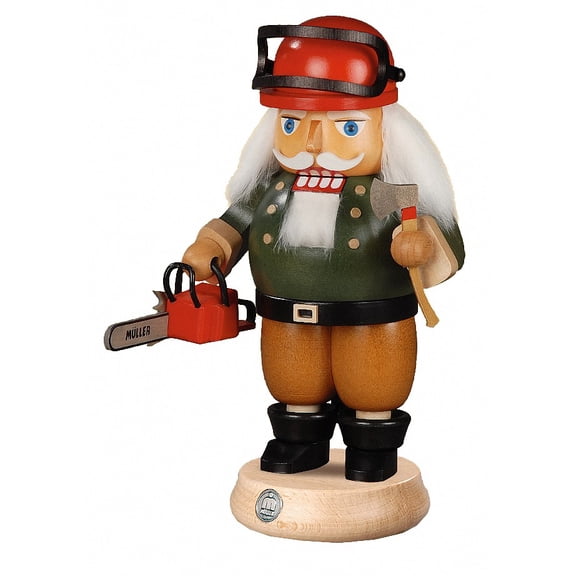 German nutcracker Forest worker with power saw, height 23 cm / 9 inch, original Erzgebirge by Müller Seiffen