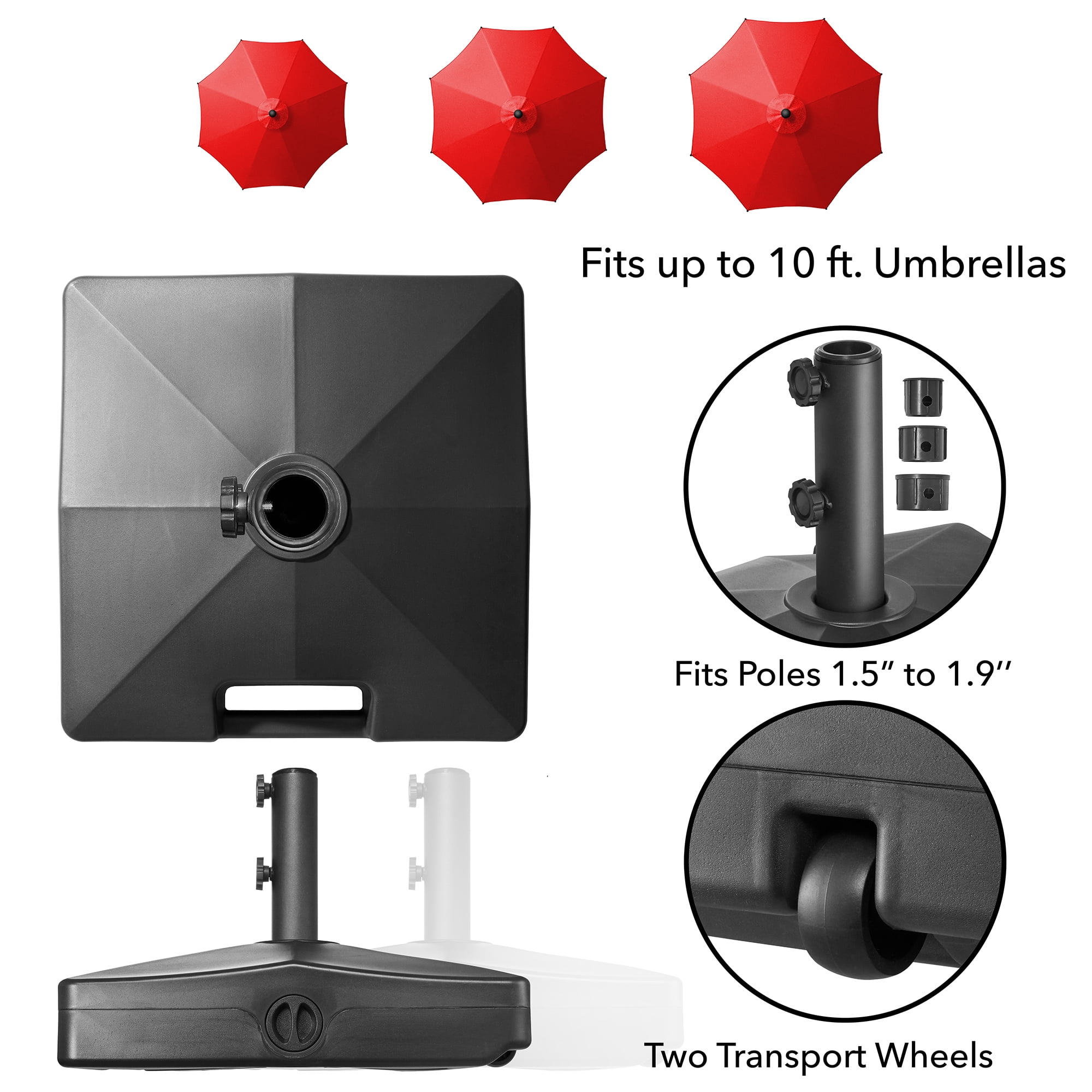 100lb Capacity Fillable Mobile Umbrella Base Stand, 2 Wheels and Handle - Black