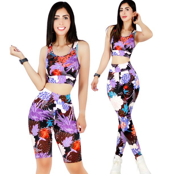 CONJUNTO DEPORTIVO DE MUJER DE 3 PIEZAS SHORT LEGGING Y TOP CON ESTAMPADO