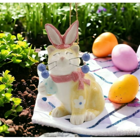 Ceramic Whiskered Cat Ornament with Bunny Ears 2.25" Gift for Cat