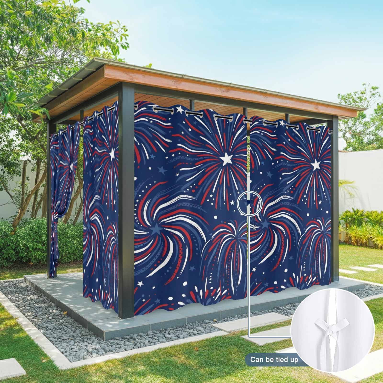 Independence Day Outdoor Curtains for Patio, U. S. Flag Cartoon Firework Graffiti Patriotic Sunshade Privacy Drapes Grommet Waterproof Outside Curtains for Porch/Cabana/Balcony 54"x 108", 1 Panel