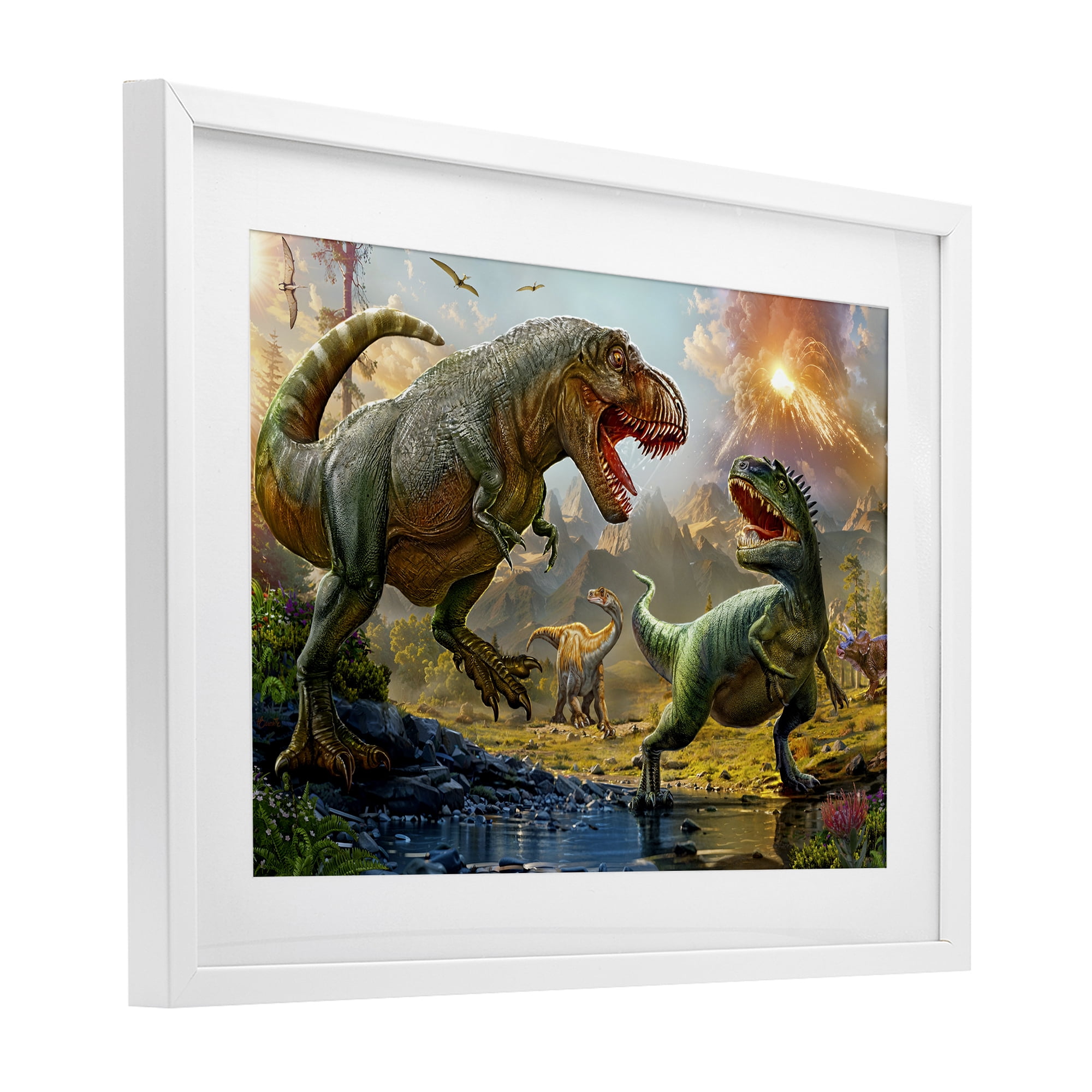Stupell Industries T-Rex Encounter at Riverbank White Framed Print Under Glass, design by Henriette Chinaglia