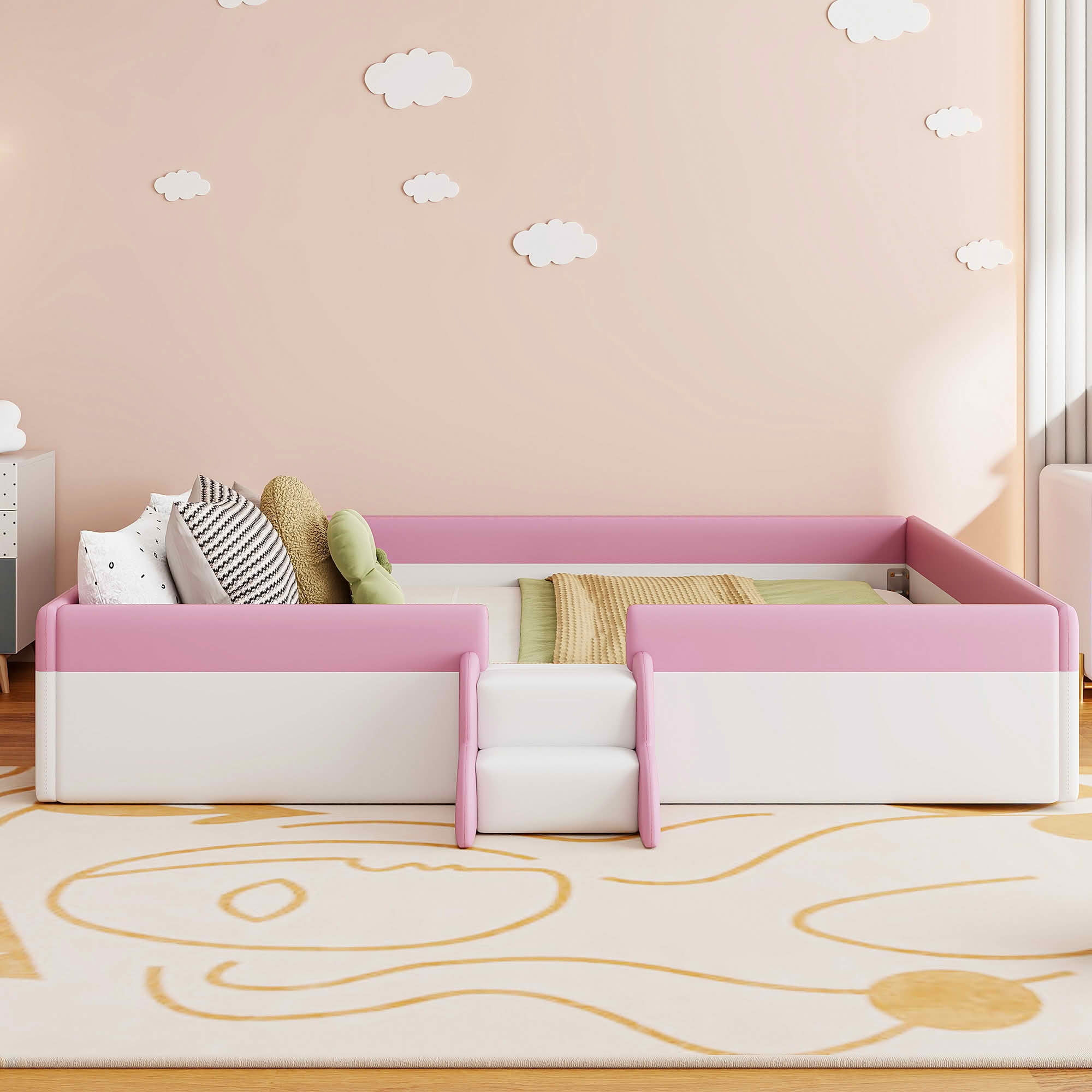 MAYEERTY Upholstered Floor Bed Frame with Fence & Staircase Design, Sturdy Slat Support & Easy Assembly