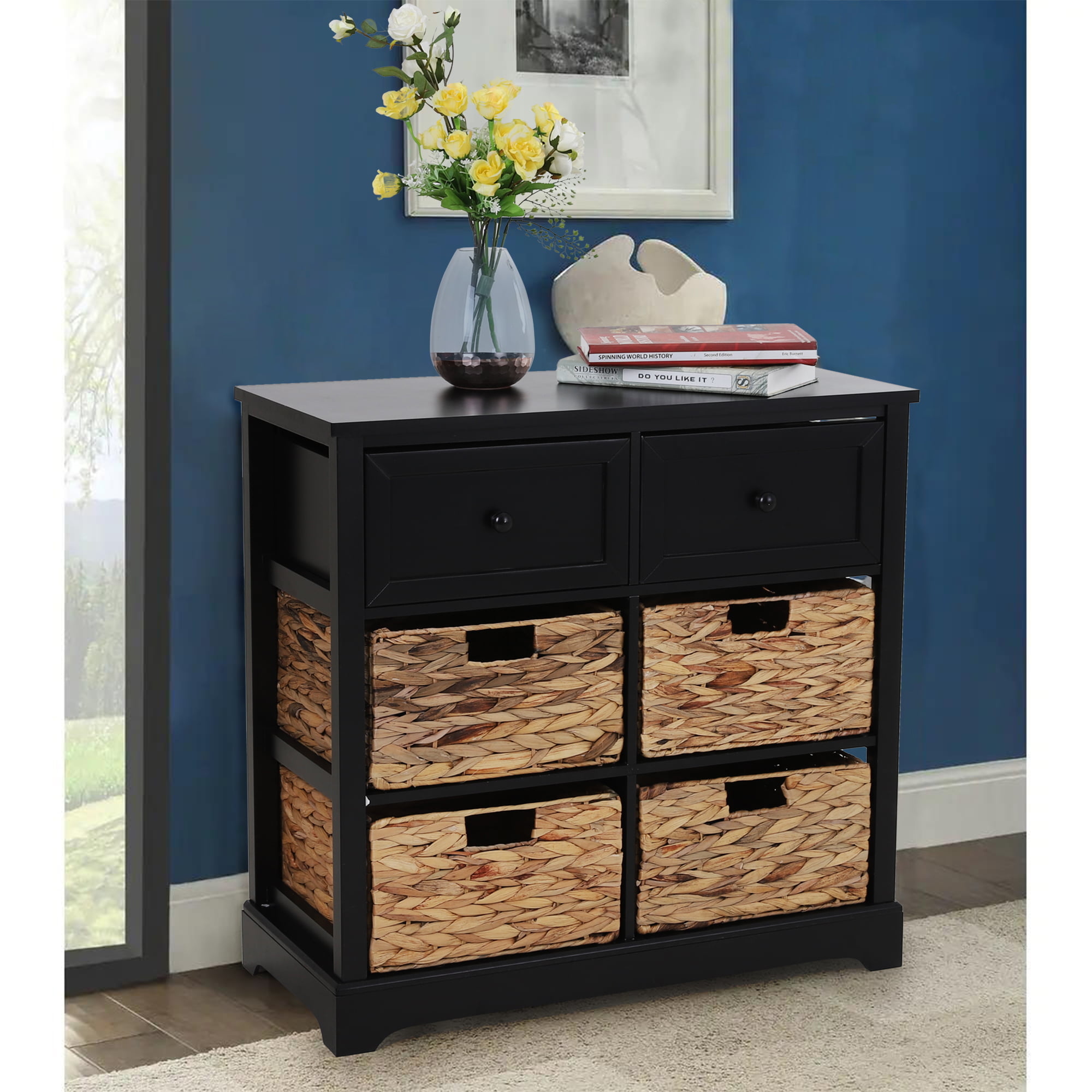 Sophia & William Accent Storage Cabinet with 1 Drawer and 3 Removable Water  Hyacinth Baskets, 4-Tier Tall Vertical Dresser Tower Unit, Black