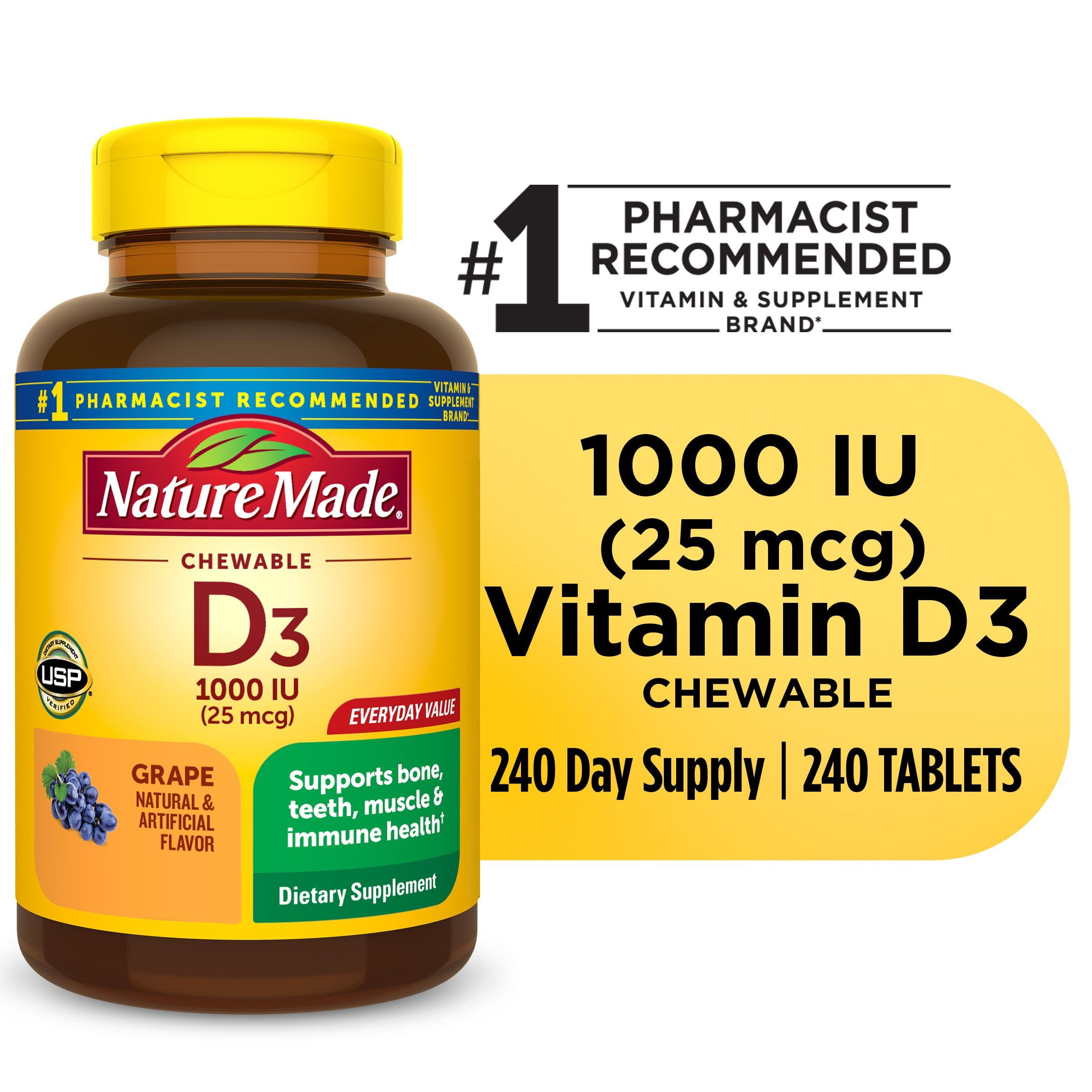 Nature Made Vitamin D3 1000 IU 25 Mcg Chewable Tablets Dietary 